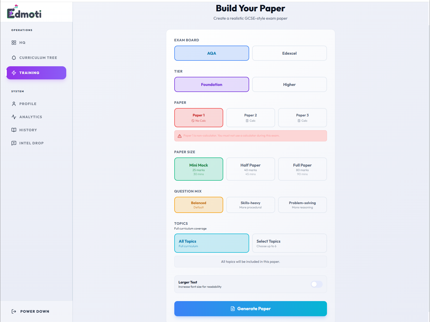 GCSE Maths mock exam builder — choose exam board, tier and paper type