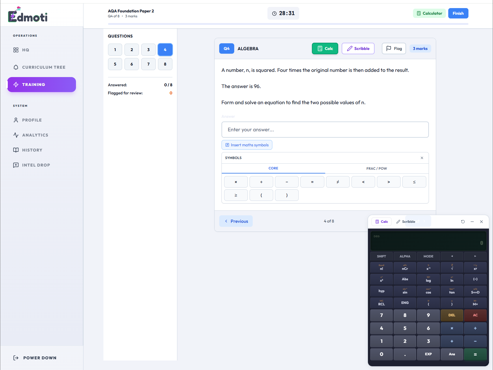 GCSE Maths exam-style question with calculator and scribble tool